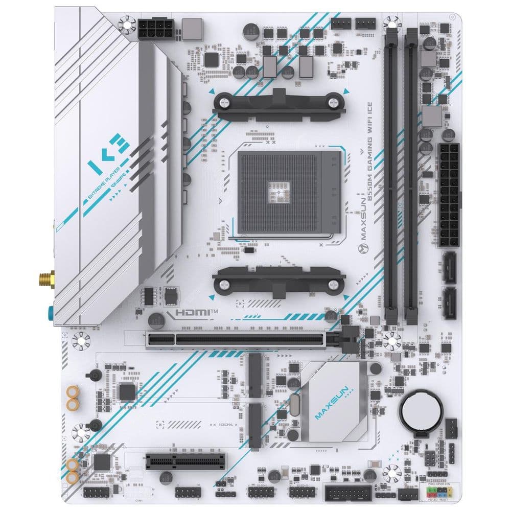 Материнская плата Maxsun MS-B550M GAMING WIFI ICE B550, AM4, 2*DDR4, 1*PCIEx16, 1*PCIEx4, 1*PCIEx1, 2*M.2, 4*USB3.2Gen1, 6*USB2.0, 2*SATA3.0, 1G, DP, HDMI, M-ATX, RTL