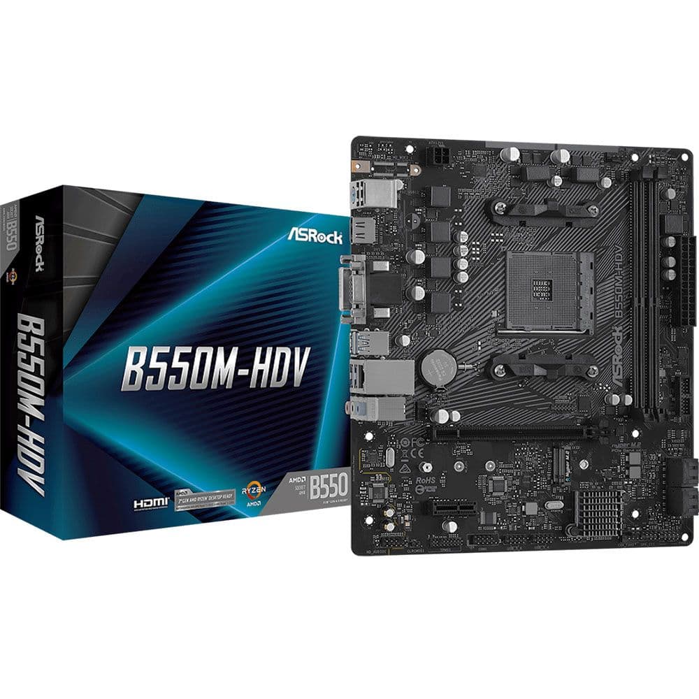 Материнская плата ASRock B550M-HDV, Socket AM4, AMD B550, 2xDDR4-3200, D-SUB+DVI-D+HDMI, 1xPCI-Ex16, 1xPCI-Ex1, 4xSATA3(RAID 0/1/10), 1xM.2, 8 Ch Audio, 1xGLan, (2+4)xUSB2.0, (4+2)xUSB3.2, 1xPS/2, mATX, RTL