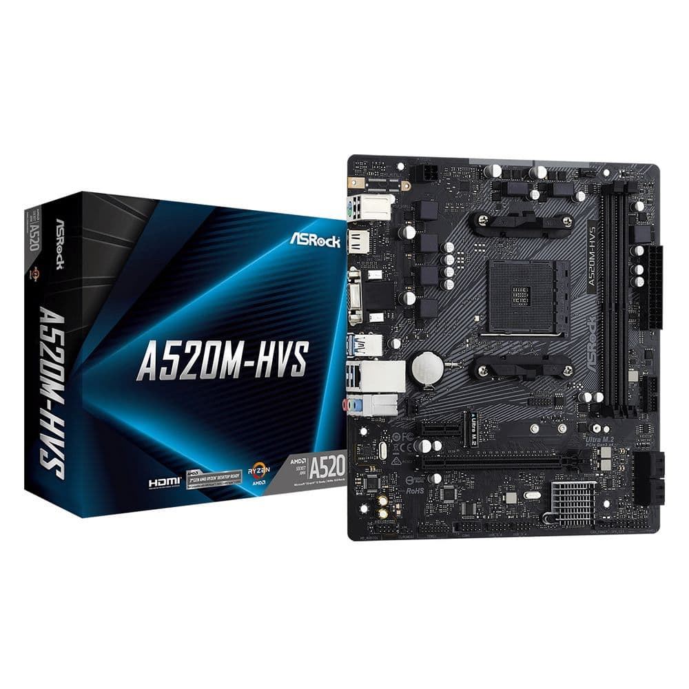 Материнская плата ASRock A520M-HVS, Socket AM4, AMD A520, 2xDDR4-3200, D-SUB+HDMI, 1xPCI-Ex16, 1xPCI-Ex1, 4xSATA3(RAID 0/1/10), 1xM.2, 8 Ch Audio, GLan, (2+4)xUSB2.0, (4+2)xUSB3.2, 1xPS/2, mATX, RTL