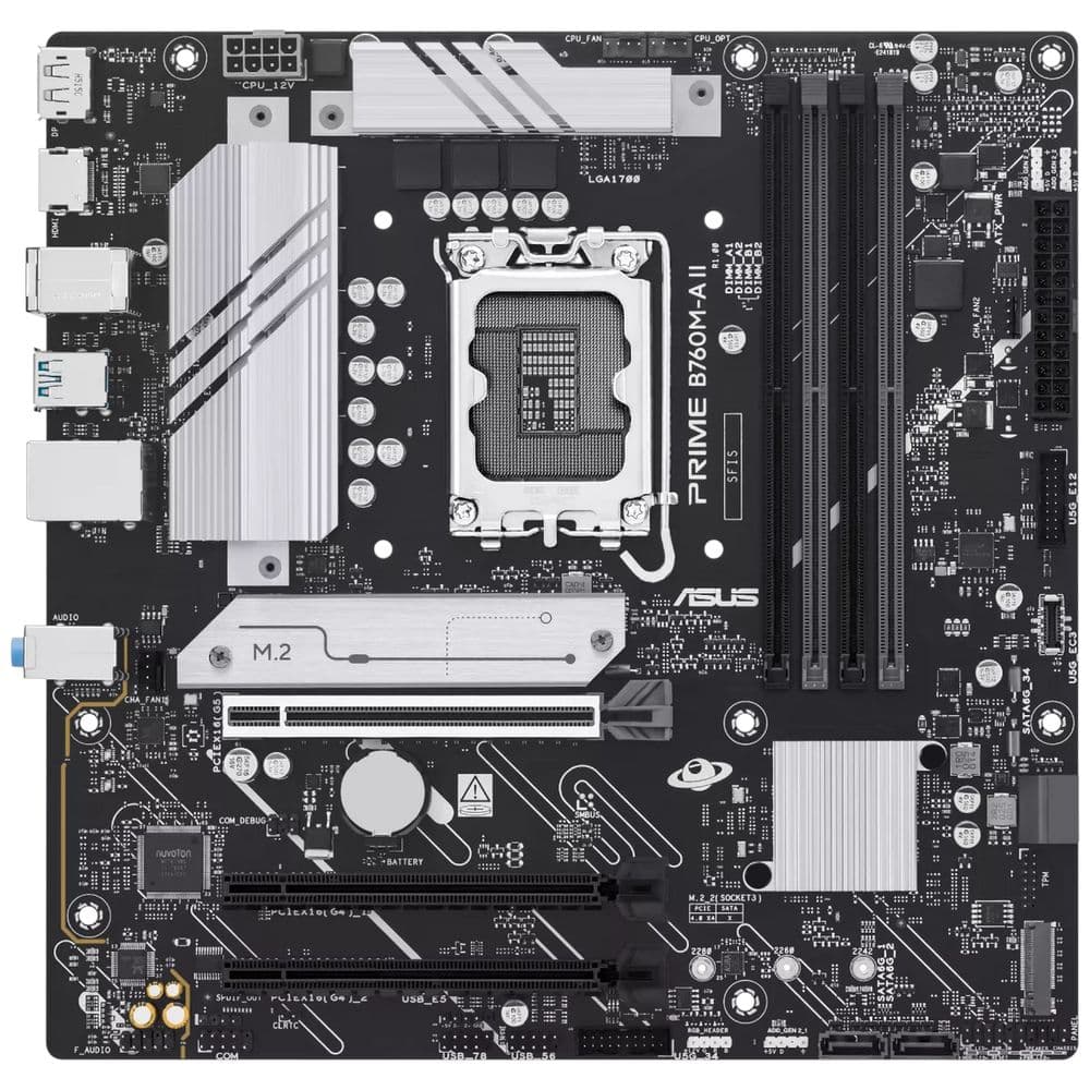 Материнская плата ASUS PRIME B760M-A II-CSM B760, LGA1700, 4*DDR5, 3*PCIEx16, 2*M.2, 1*TypeC, 2*USB3.2Gen2, 2*USB3.2Gen1, 8*USB2.0, 4*SATA3.0, 2.5G, DP, HDMI, M-ATX, RTL