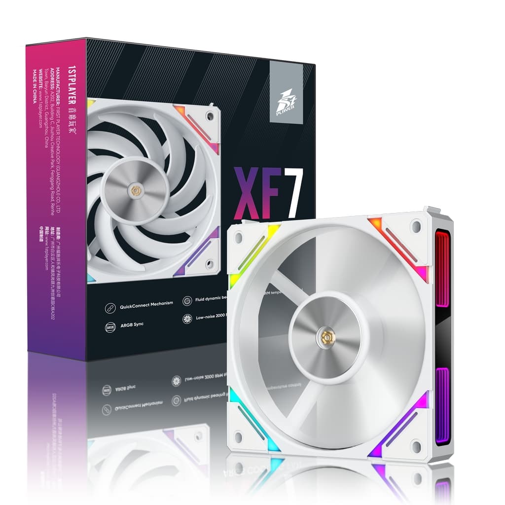 Вентилятор 1STPLAYER XF7 White / 120mm ARGB 3pin 5V PWM 4pin 12V 600-2000rpm 56.8cfm 33.12dBA / XF7-WH-1IN1