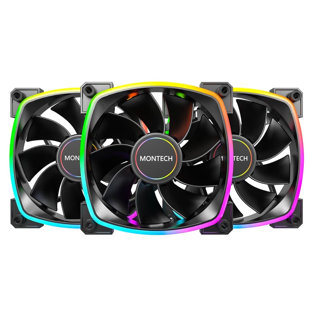 Комплект вентиляторов (3 шт.) Montech RX120 PWM Reverse Black / 120mm, 4pin PWM, 3pin ARGB, 800-1600RPM, 59.0CFM, 27.0dBA, Rifle bearing / RX120B3P