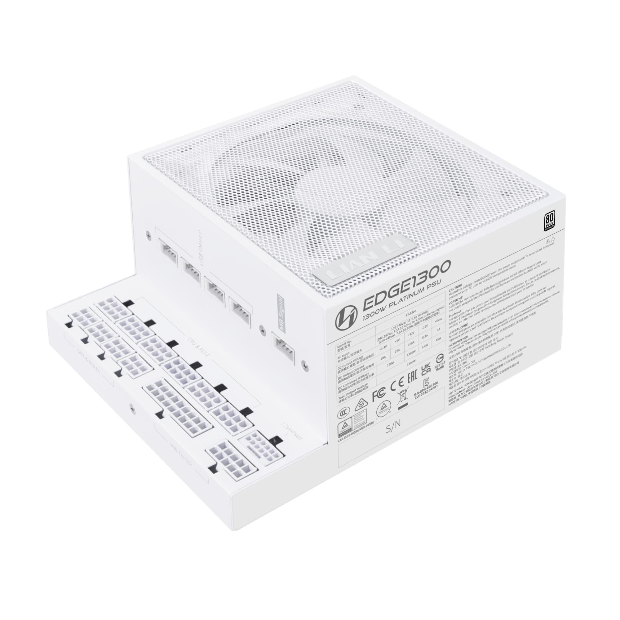 Блок питания Lian Li EG1300 / White / ATX 3.1, 1300W, 80 PLUS Platinum, PCIe 5.1, APFC, USB HUB, 120mm FDB Fan, Fully Modular / G9P.EG1300.WE00.RU