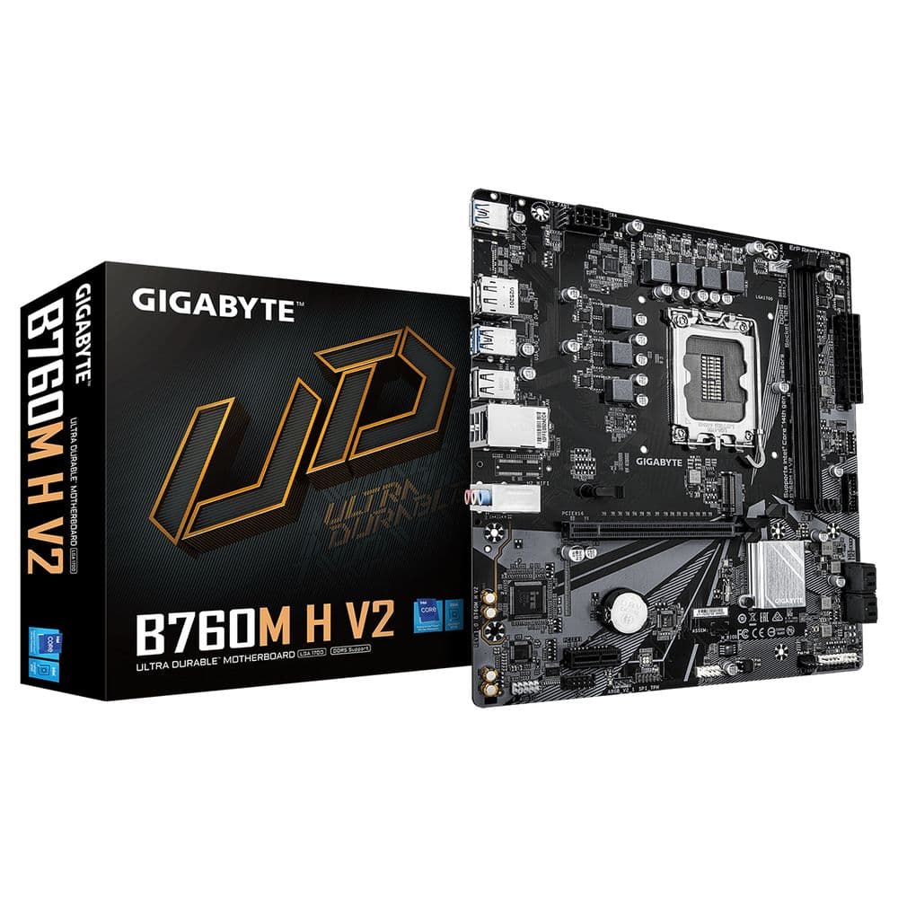 Материнская плата Gigabyte Bad Pack B760M H V2, Socket 1700, Intel®B760, 2xDDR5-4800, HDMI+DP, 1xPCI-Ex16, 1xPCI-Ex1, 4xSATA3(RAID 0/1/5/10), 1xM.2, 8Ch Audio, GLan, (4+2)xUSB2.0, (3+2)xUSB3.2, (0+1)xUSB3.2 Type-C™, mATX, RTL