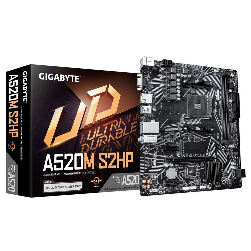 Материнская плата Gigabyte A520M S2HP A520, AM4, 2*DDR4, 1*PCIEx16, 2*PCIEx1, 1*M.2, 6*USB3.2Gen1, 8*USB2.0, 4*SATA3.0, 1G, VGA, DP, HDMI, M-ATX, RTL