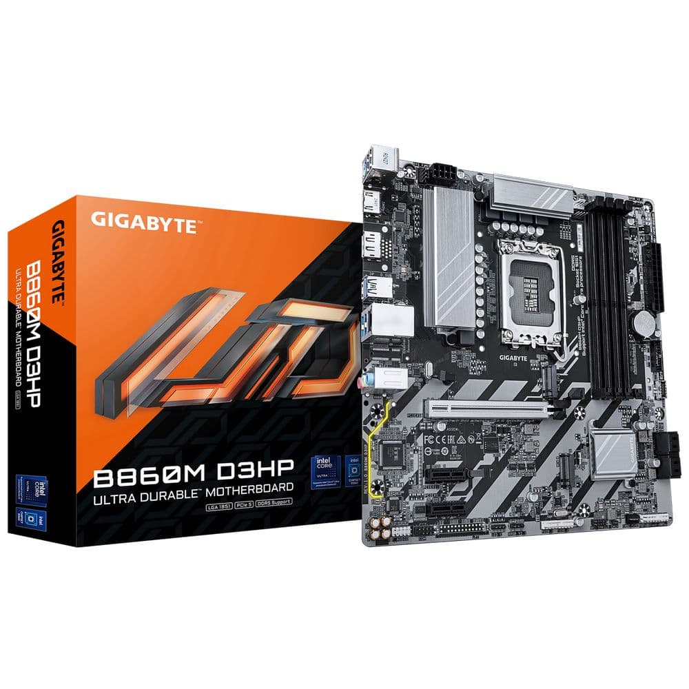 Материнская плата Gigabyte Bad Pack B860M D3HP, Socket 1851, Intel®B860, 4xDDR5-6400, HDMI+DP, 1xPCI-Ex16, 2xPCI-Ex1, 4xSATA3(RAID 0/1/5/10), 2xM.2, 8Ch Audio, GLan, (2+4)xUSB2.0, (3+2)xUSB3.2, (0+1)xUSB Type-C™, 1xPS/2, mATX, RTL