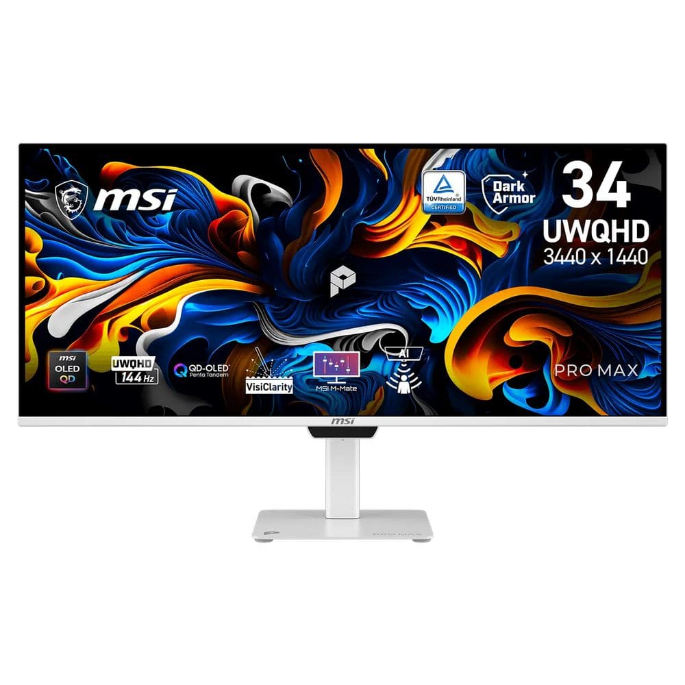 Монитор 34" MSI PRO MAX 341QPXW14G QD-OLED, 3440x1440, 144Hz, 0,03ms, 300сd/m, 1000000:1 | 2xHDMI(2.1), DP(1.4a), Type-C(PD-98W), Type-C(PD-15W), 4xUSB3.2 | HAS, Swivel, InPSU, Speakers, Vesa 100, White