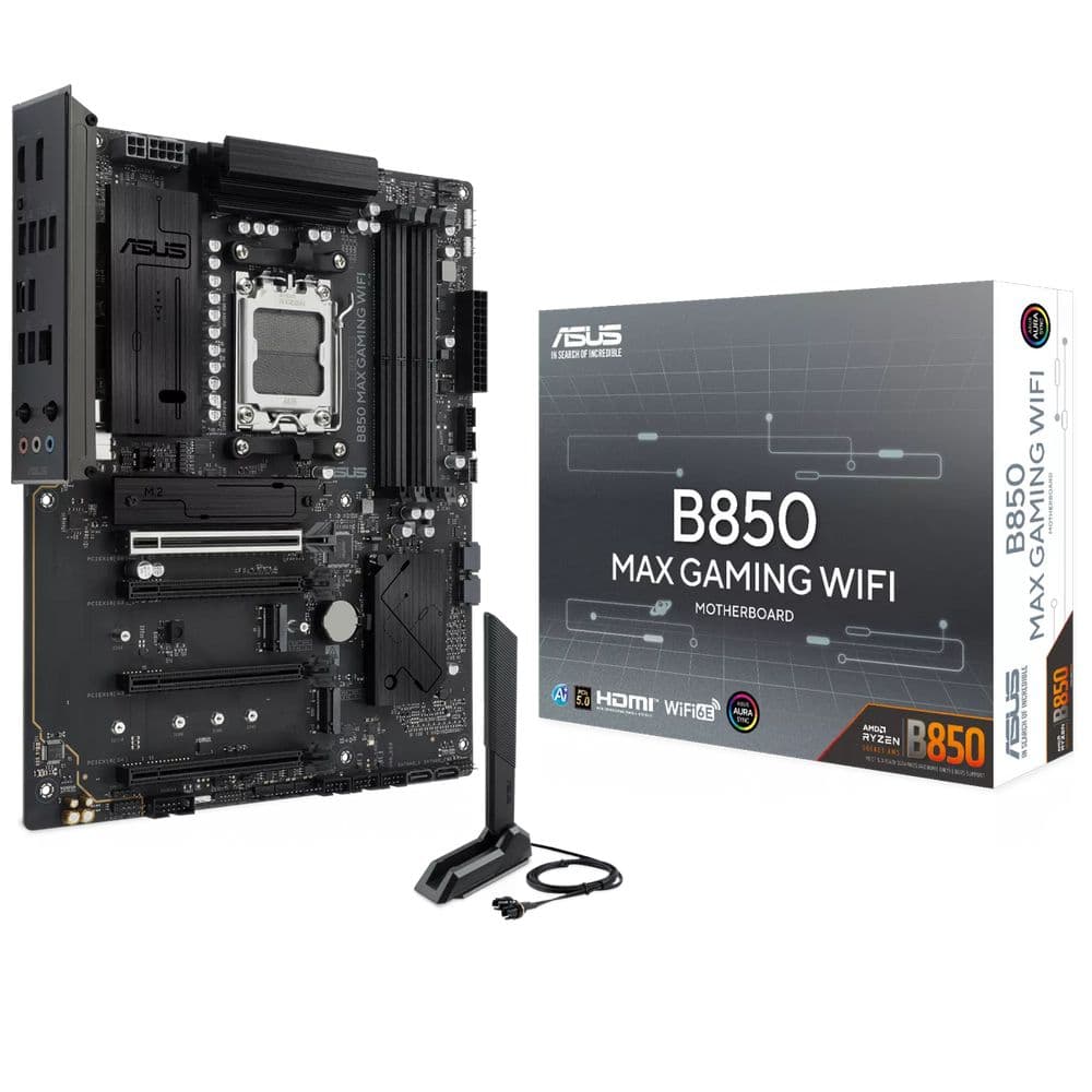 Материнская плата ASUS B850 MAX GAMING WIFI B850, AM5, 4*DDR5, 4*PCIEx16, 3*M.2, 2*TypeC, 3*USB3.2Gen2, 6*USB3.2Gen1, 8*USB2.0, 4*SATA3.0, 2.5G, DP, HDMI, ATX, RTL