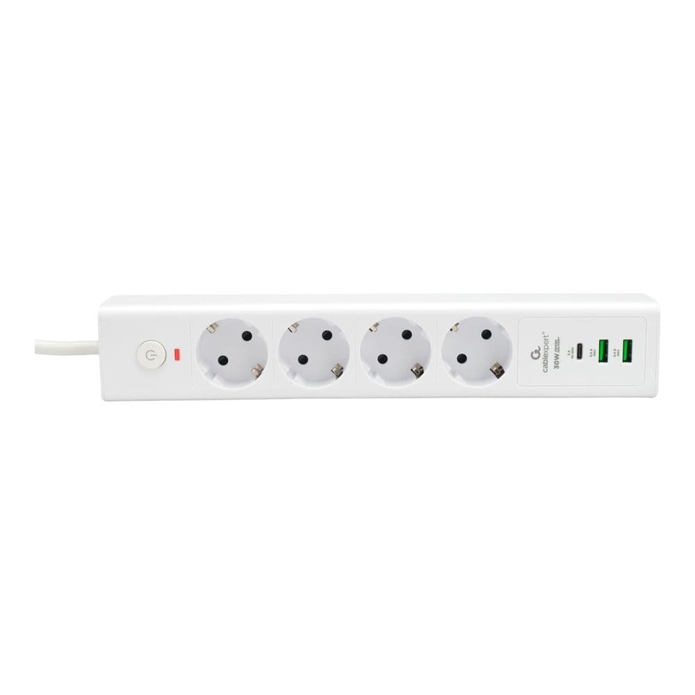 Сетевой фильтр Cablexpert Exnovo EXN-4-CU2-W-2 белый, Макс мощность 2500Вт, 3 розетки 220В, 10А, 2 розетки USB-A 5В, 1 розетка USB-C 30Вт PD, кабель 2м, ур.защиты 4+, коробка