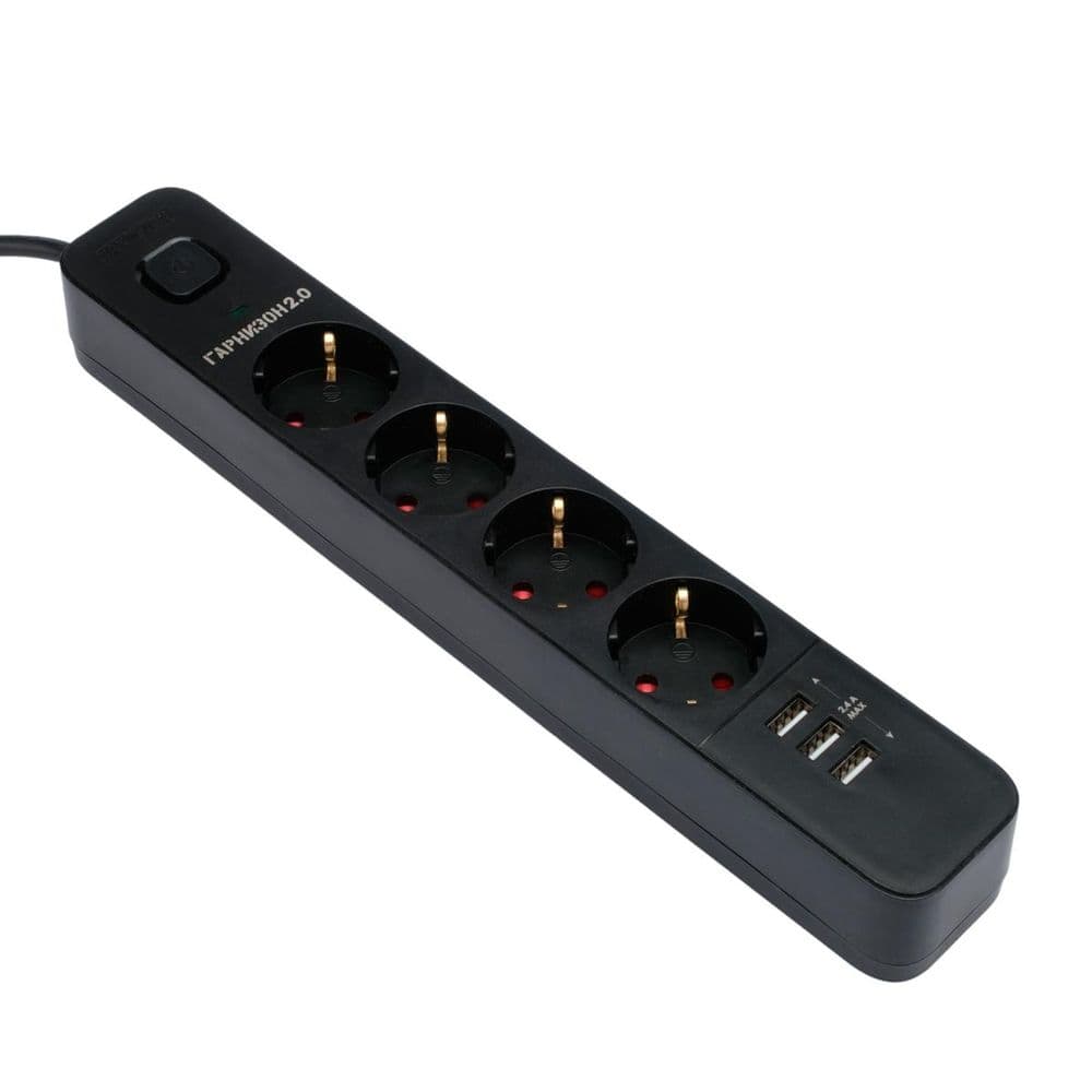 Сетевой фильтр Гарнизон EPS-4-U3-B-2 черный, 4 розетки 220В, 10А, 3 розетки USB-A 5В, кабель 2м, ур.защиты 2+, пакет