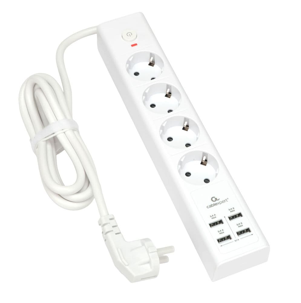 Сетевой фильтр Cablexpert Exnovo EXN-4-U4-W-2 белый, Макс мощность 2500Вт, 4 розетки 220В, 10А, 4 розетки USB-A 5В 2,4А, кабель 2м, ур.защиты 4+, коробка