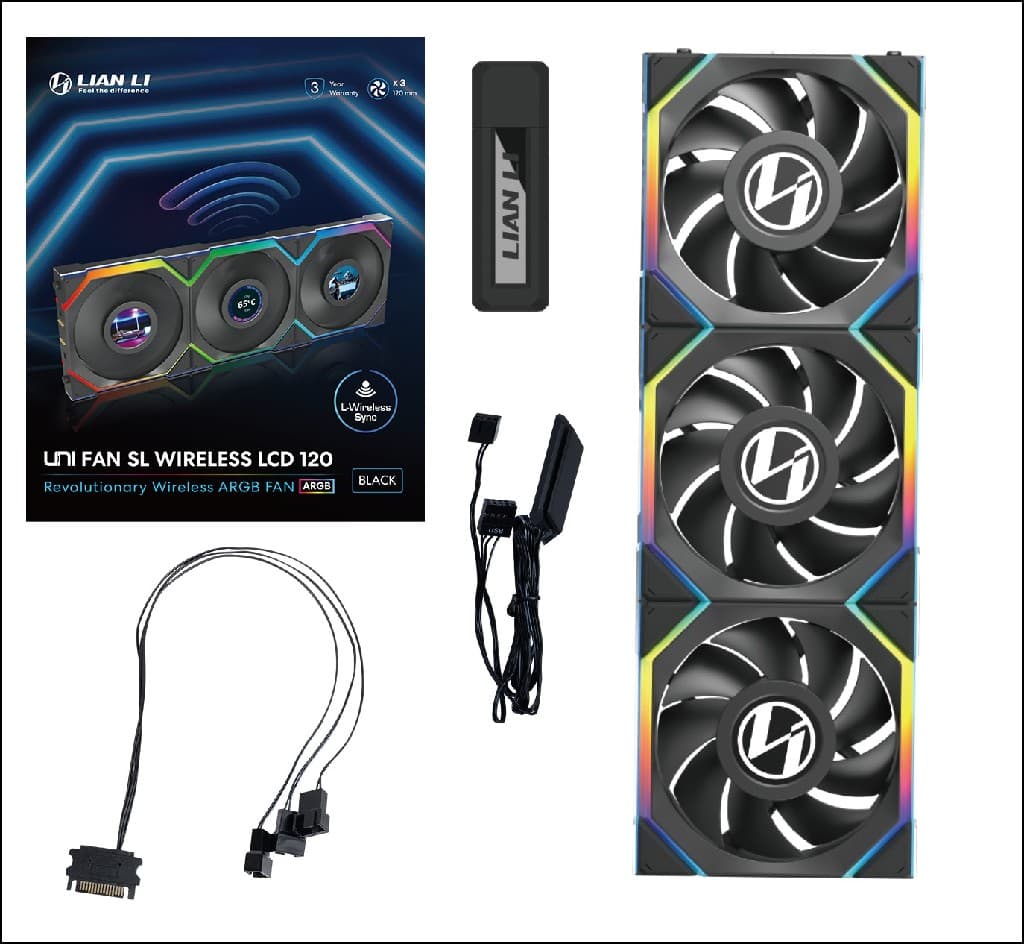 Комплект вентиляторов (3шт.) Lian Li UNI FAN SL WIRELESS LCD 120 / 12SLLCD1W3B BLACK / 120x124,5x28мм (1.6” LCD дисплей, PWM, ARGB, 1900 об/мин (Max.), 29.5dBa) / G99.12SLLCD1W3B.R0