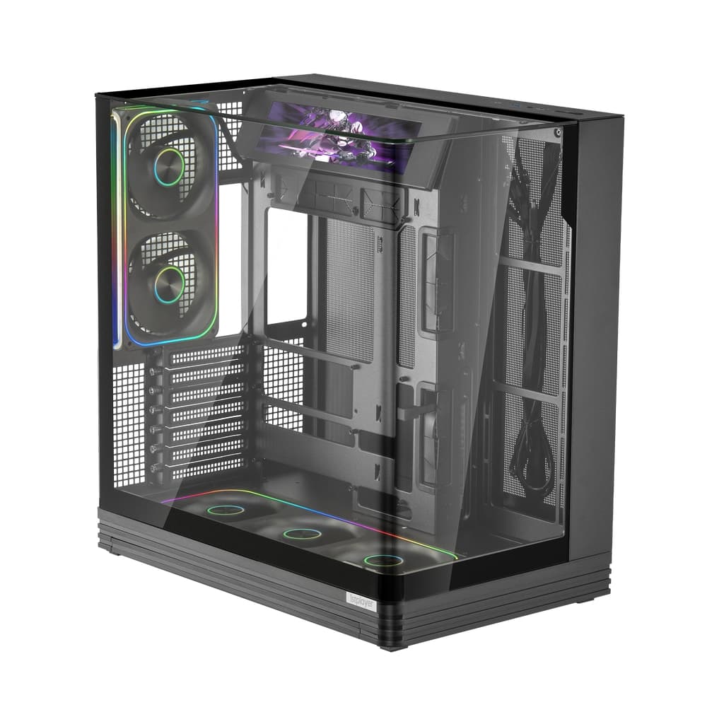 Корпус 1STPLAYER OV8S Black / ATX BTF / 9.16" LCD display / 5x120mm ARGB fans & hub / OV8S-BK-1FP7R-3-1FP7-2-HUB3