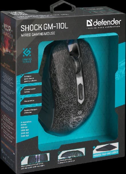 Мышь проводная игровая Defender Shock GM-110L оптика,6кнопок,800-3200dpi