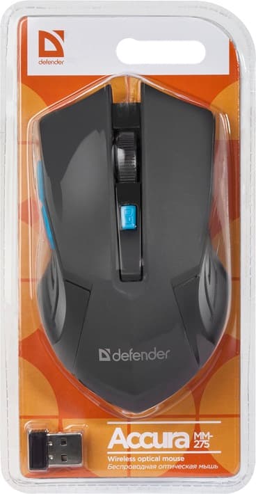 Мышь беспроводная Defender Accura MM-275 (черный + синий) 5кн+кл, 800/1200/1600 dpi 52275