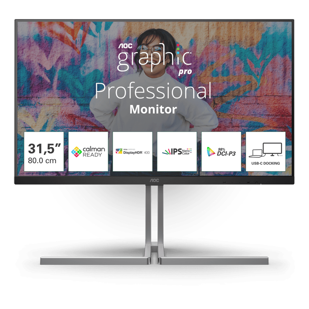 Монитор 31.5" AOC U32U3CV IPS, 3840x2160, 60Hz, 4ms, 400сd/m, 1000:1, HDR10 | 2xHDMI(2.0), DP(1.4), Type-C(PD-96W), 4xUSB 3.2