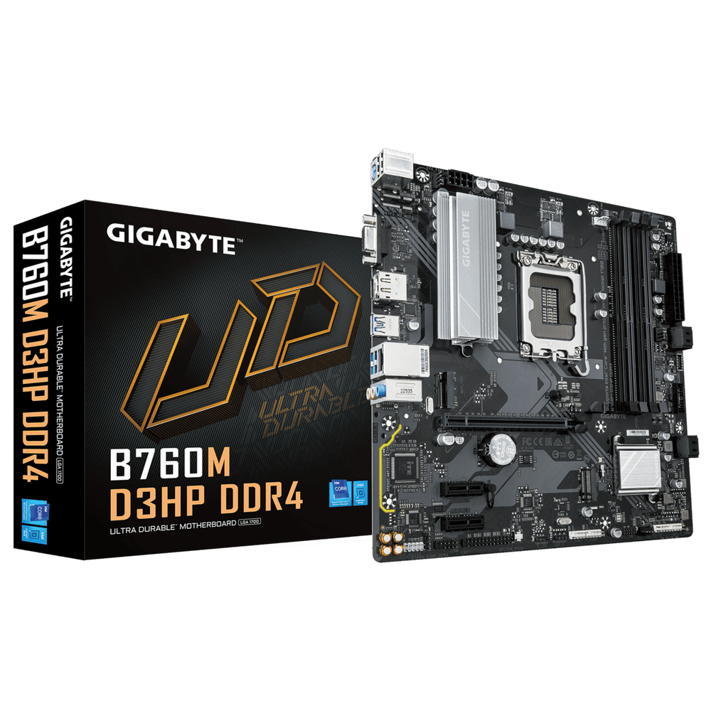 Материнская плата Gigabyte B760M D3HP DDR4, RTL Socket 1700, Intel®B760, 4xDDR4-3200, D-SUB+HDMI+DP, 1xPCI-Ex16, 2xPCI-Ex1, 4xSA