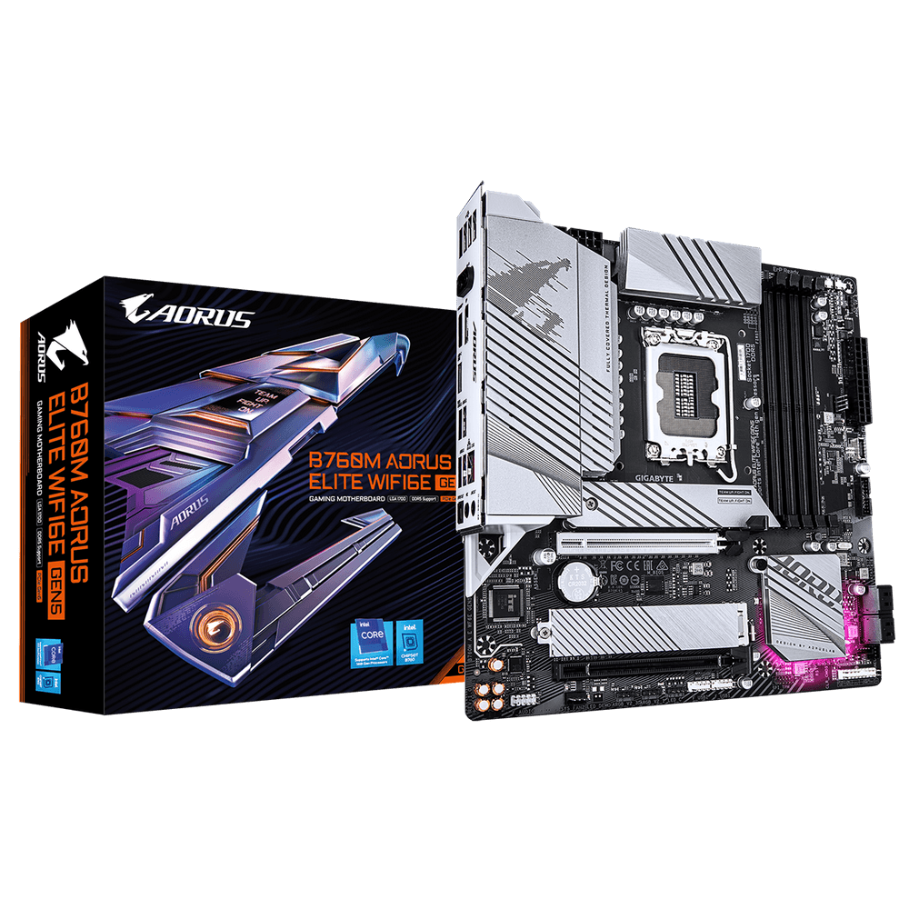 Материнская плата Gigabyte B760M AORUS ELITE WIFI6E GEN5, Socket 1700, Intel®B760, 4xDDR5-4800, HDMI+DP, 2xPCI-Ex16, 4xSATA3(RAI